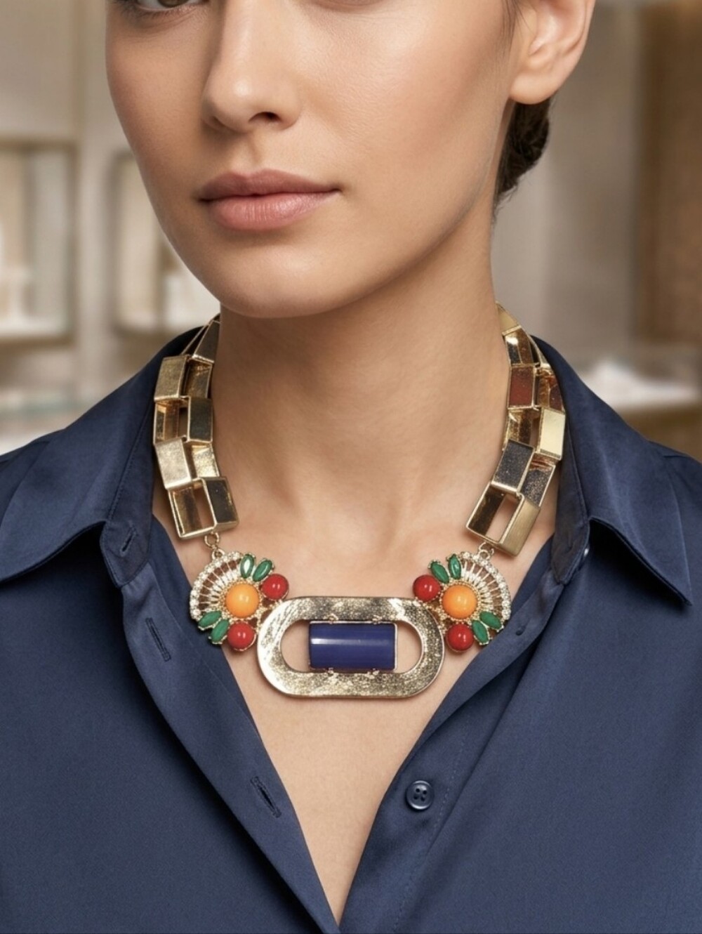 N1129 Statement Floral Cluster Gold Necklace with Blue Center